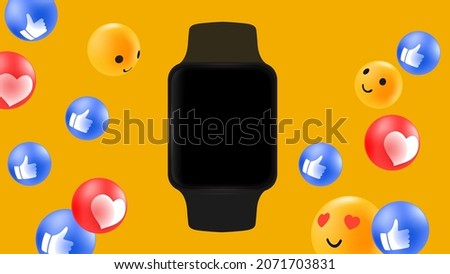 Apple Watch Editable Mockup for Advertisement in Social Media. Smart Watch with Flying Emoji Reactions. Vector illustration