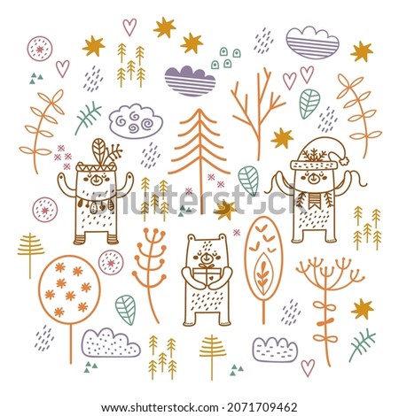 Set of funny bears, forest trees and decorative elements in scandinavian style.  Cute woodland animals and plants, cartoon characters. Vector hand drawn doodle images for kids, isolated on white. 