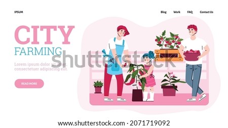 City farming website banner mockup with characters of family growing plants at home, cartoon vector illustration. Crop production indoor concept of web page.