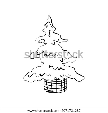 Hand drawn christmas tree in wicker basket doodle illustration