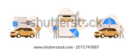 Auto insurance illustration set. Character buying or renting car and signing full coverage insurance policy. Car safety, assistance and protection concept concept. Vector illustration.
