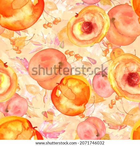 Watercolor seamless pattern from a set of fruit - peach, apricot, yellow plum, cherry plum. Peach with a bone, slices.prune, apricot. Peach branch with green leaf. floral pattern of leaves, berries