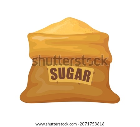 Cartoon bag of sugar. Sugarcane product in burlap sack, pack brown ingredient, vector flat icon illustration isolated on white background