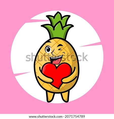 Cartoon pineapple mascot holding big red heart in cute style for t-shirt, sticker, and logo element