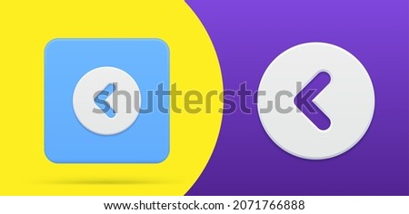 Arrow left simple 3d icon circle squared button vector illustration. Back direction pointer web design element emblem. Backward interface navigation directional cyberspace past point