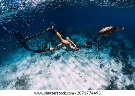 Snorkeling with sea turtle. Lady with fins dive underwater with turtle in ocean.