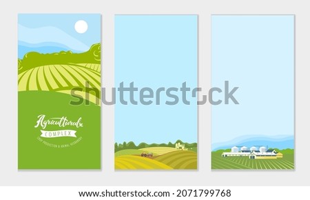 A set of banners with the concept of agriculture, crop production, and farming. Vector illustrations of farmland, rural landscape, tractor, combine harvester in the field. Royalty-Free Stock Photo #2071799768