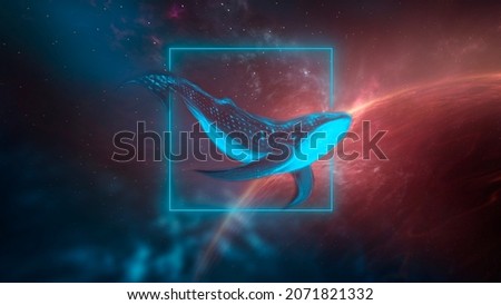 Abstract night fantasy space landscape, whale in space, dark fantasy scene, unreal world, fish, whale, sperm whale, space, galaxy. Reflection of neon light, water, space depths Sci-fi background. 3D 