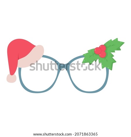 Christmas party glasses with Santa Claus hat and holly berries leaves vector cartoon illustration isolated on a white background.