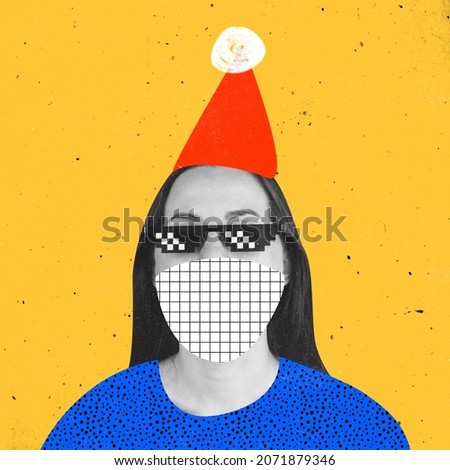 Contemporarty art collage of woman in red holiday hat, face protective mask and pixel glasses isolated on yellow background. Concept of Christmas, New Year, holiday, celebration, winter, merry and ad