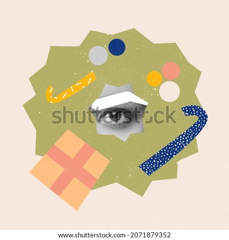 Merry and joy. Contemporarty art collage of female eye in ornament winter design. Looking for holidays. Concept of Christmas, New Year, holiday, celebration, winter. Copy space for ad