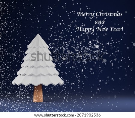 3d render of postcard with white snowy christmas tree with snow and greeting text
