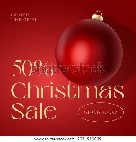 Christmas Vector Advertising Social Media Post Card or Poster. Season Promo Background with Realistic Red Bauble and Sale Text Copy Space. New Year Winter Holidays Discount Social Networks Template.