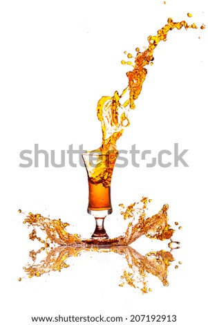 Brown beverage splash into a glass on a white background.