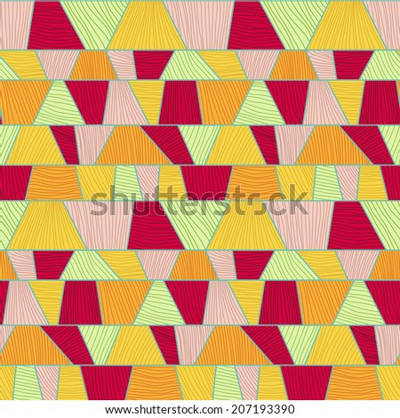 Abstract mosaic pattern with hand drawn wavy elements. Stylized texture with colorful trapeziums. Bright puzzle background for decoration or backdrop. Seamless vector.