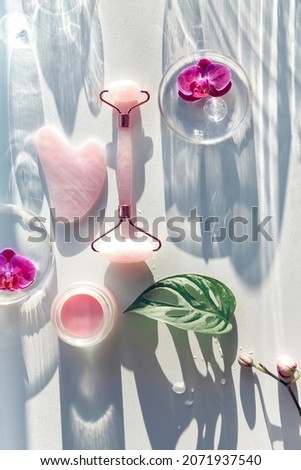 Pink quartz face roller and guasha stone. Face lymph drainage background with exotic monstera leaves, orchid flowers, petri dishes, glass balls. Sunlight, long shadows. Flat lay off white background.