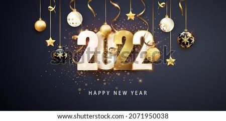 Happy new year 2022. Festive design with Christmas decorations, balls, streamer and garlands Royalty-Free Stock Photo #2071950038