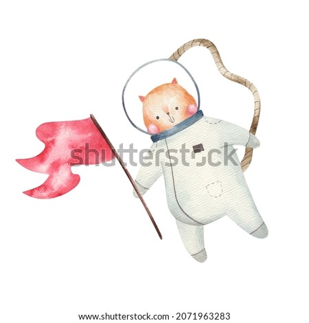 cute cat with flag in space suit, spacesuit, isolated watercolor illustration on white background
