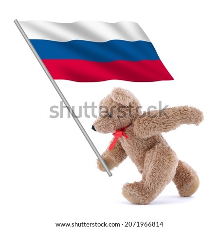Russia flag being carried by a cute teddy bear
