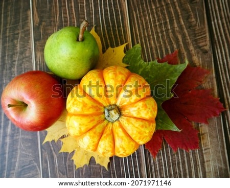 a small yellow pumpkin, a red apple and a green pear on yellow and red maple leaves on a wooden background. top view