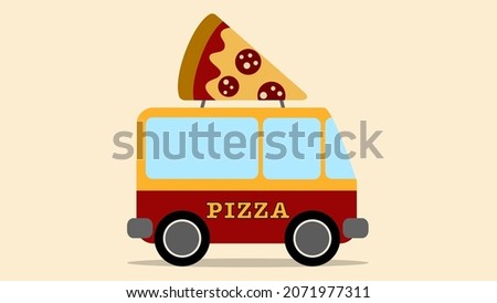Pizza Food Truck Vector Vehicle Illustration Selling Food Festival Flat Van