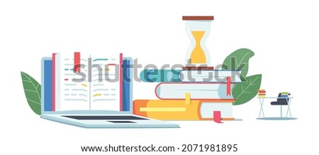 Exam Preparation Concept with Open Textbook, Hourglass Stand on Books Pile and Student Desk. Classroom Interior Stuff for Studying, School, College or University Room. Cartoon Vector Illustration Royalty-Free Stock Photo #2071981895