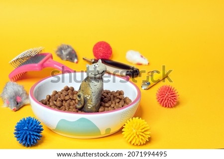 Cat dry food, grooming accessories and toys on a yellow background with space for design.