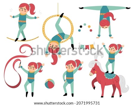 Vector set with gymnast girls with hoop, horse, ribbon. Cute funny acrobat. Circus or sport artist clipart. Amusement holiday icons pack. Festival characters clip art. Tightrope walker illustration
