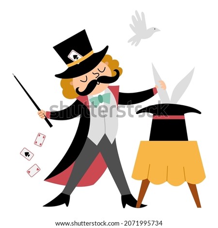Vector magician icon. Circus artist clipart. Amusement holiday man showing trick with rabbit. Cute funny festival juggler clip art. Street show wizard illustration with hat, rabbit, dove playing cards