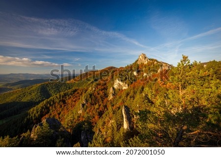 Colorful mountain landscape at sunset in autumn, The Sulov Rocks National Nature Reserve, Slovakia, Europe.