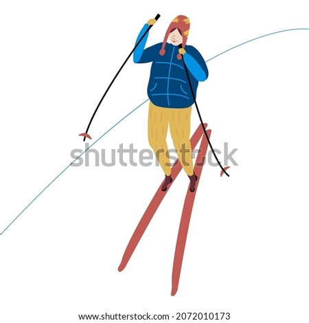 Winter sport Skiing. A person is Skier in the mountains in Winter-time day. Ski and warm Sportswear. Girl in winters clothes. Flat, vector cartoon illustration isolated on white background