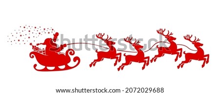 Santa Claus Silhouette in sleigh full of gifts with reindeers. Merry christmas and Happy new year decoration. Vector on transparent background