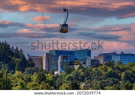 The cable car and tramway that carries patients to a hospital on a hill in south Portland, Oregon.