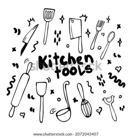 Set of kitchen tools in doodle style. Hand drawn collection of vector elements.