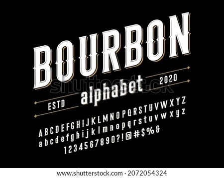 Vintage whiskey and bourbon label style alphabet design with uppercase, lowercase, numbers and symbols Royalty-Free Stock Photo #2072054324