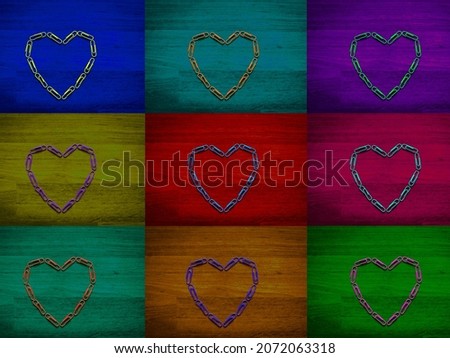 Colorful pop art background of hearts made out of paper clips. Love and diversity concept.  