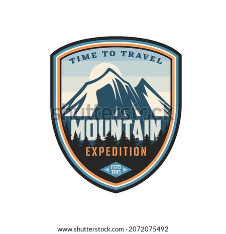 Mountain expedition icon, alpine sport tourism or hiking and trekking adventure club vector emblem. Mountaineering and Alps camping or scout tours, backpacking outdoor activity