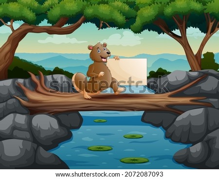 Funny a beaver holding blank sign walking on the tree trunk