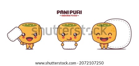 cute panipuri cartoon mascot. indian street food illustration, with blank board banner, isolated on a white background.