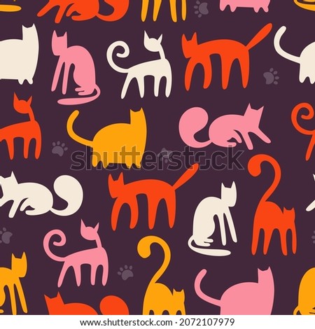 Seamless pattern with different cat shadows. Simple vector flat childish illustration with cute kitties