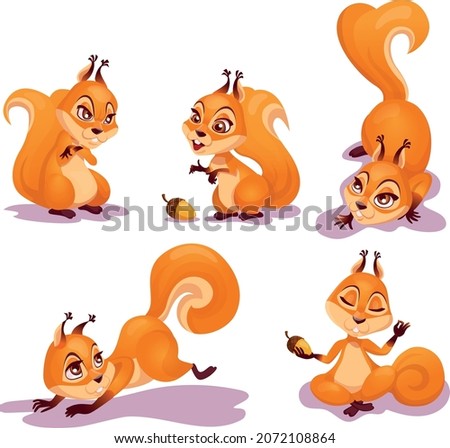 Cartoon squirrel. Funny forest wild animals running standing and jumping vector squirrel clip art collection