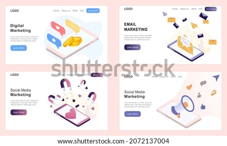 Set of landing page templates for email marketing, digital marketing, ecommerce, social media marketing, social network, business, banner ads. Modern vector illustration for web and mobile development