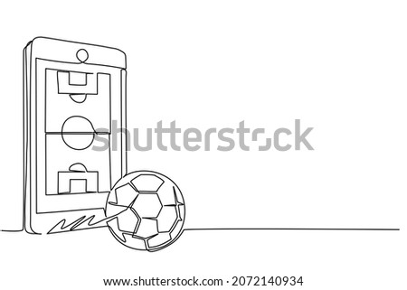 Single continuous line drawing smartphone with app soccer football field and ball. Mobile sport stream championship to play. Online football games. One line draw graphic design vector illustration
