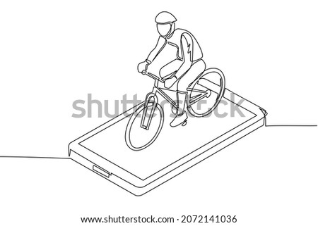 Single one line drawing male wearing helmet, riding bicycle on smartphone screen. Online sport recreation. Virtual bicycle for cardio training. Continuous line draw design graphic vector illustration