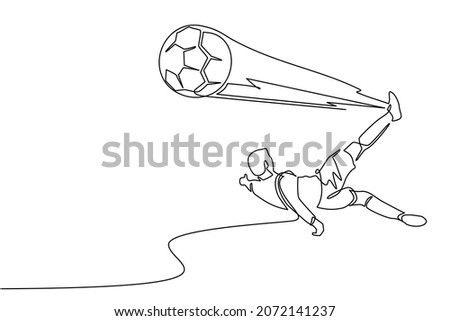 Single one line drawing soccer player doing overhead kick shot. Soccer player in action of jump over kick soccer ball to make score goal. Modern continuous line draw design graphic vector illustration