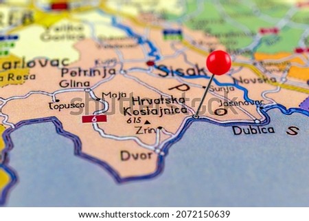 Hrvatska Kostajnica pinned on a map of Croatia. Map with red pin point of Hrvatska Kostajnica in Croatia. Royalty-Free Stock Photo #2072150639