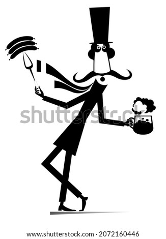 Funny long mustache man in the top hat holds a fork with sausages and a beer mug black on white