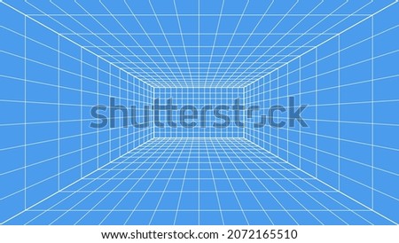 3d wireframe grid room. 3d perspective laser grid 16 9.. Cyberspace blue background with white mesh. Futuristic digital hallway space in virtual reality. Vector illustration. Royalty-Free Stock Photo #2072165510