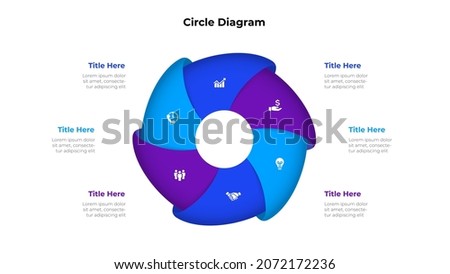 Cycle diagram with 6 options or steps. Slide for business presentation. Circle abstract element divided into six parts.