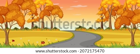 Autumn season with road through the park at sunset time horizontal scene illustration